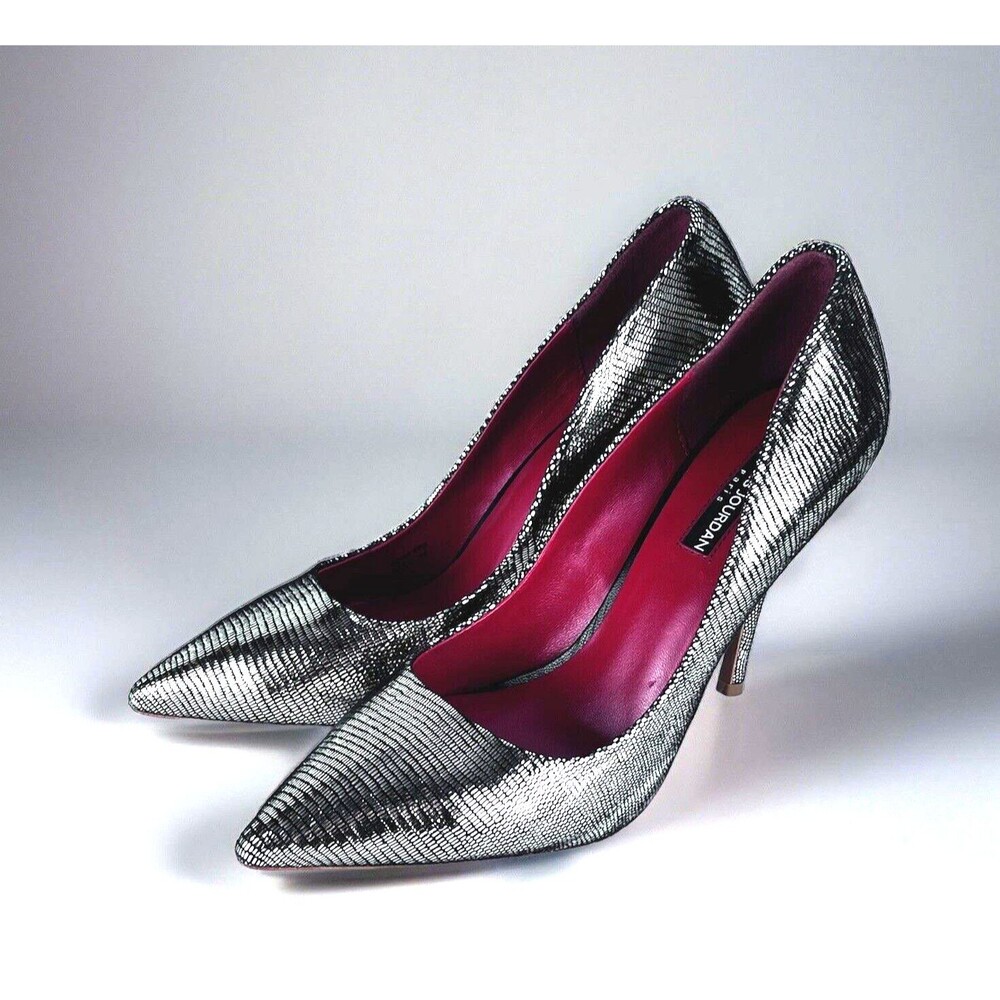 Women Charles Jourdan Black and Silver Metallic High Heels Size 10 Leather NEW